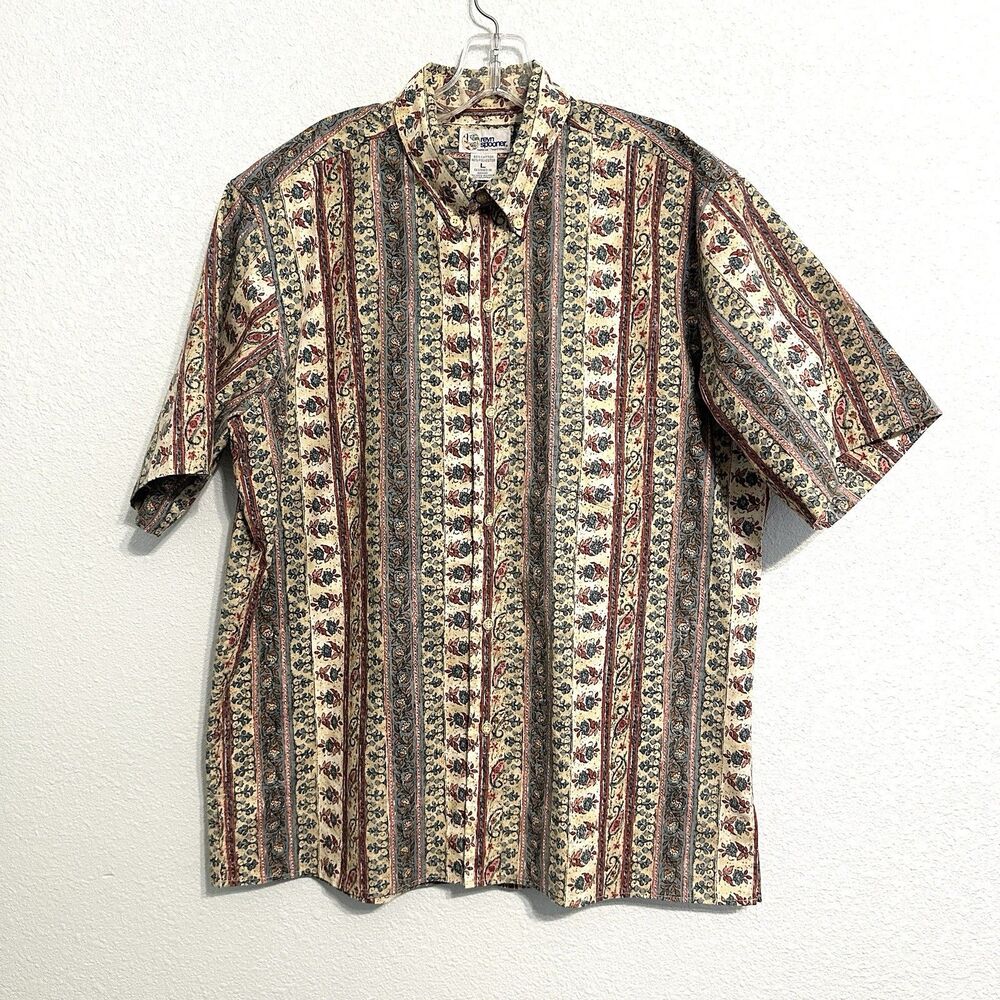 Reyn Spooner Large Geometric Mini Floral Tribal Hawaiian Aloha Button Shirt L